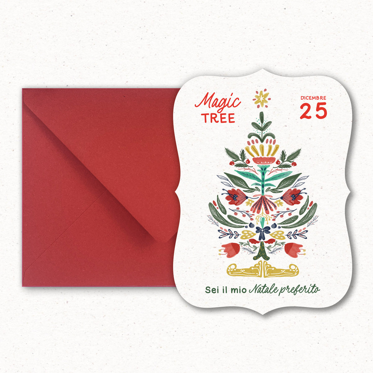 Cartolina Albero Folk di Piperita Paper: sagomata con busta rossa, stampa a colori, perfetta per scrivere i vostri auguri di Natale.