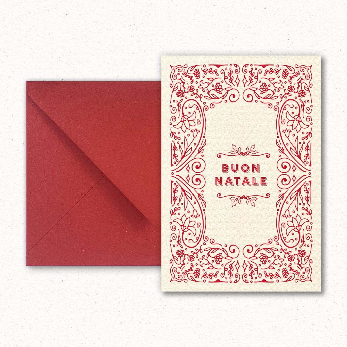 Cartolina Natale Rosso di Piperita Paper con busta rossa, stampa a colori su carta ruvida avorio, perfetta per scrivere i vostri auguri di Natale.