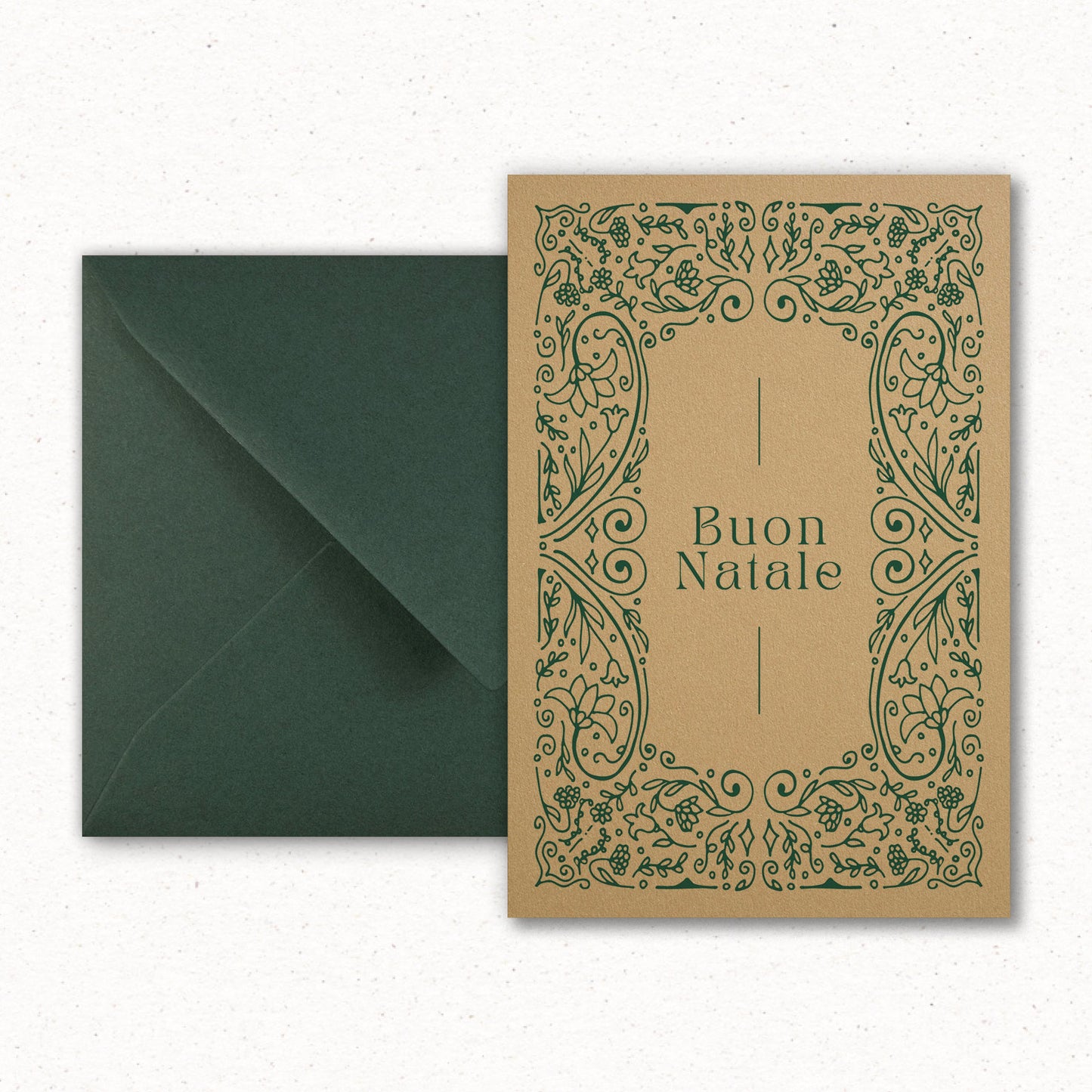 Cartolina Natale Verde Avana di Piperita Paper con busta verde scuro, stampa a colori su carta avana marrone, perfetta per scrivere i vostri auguri di Natale.