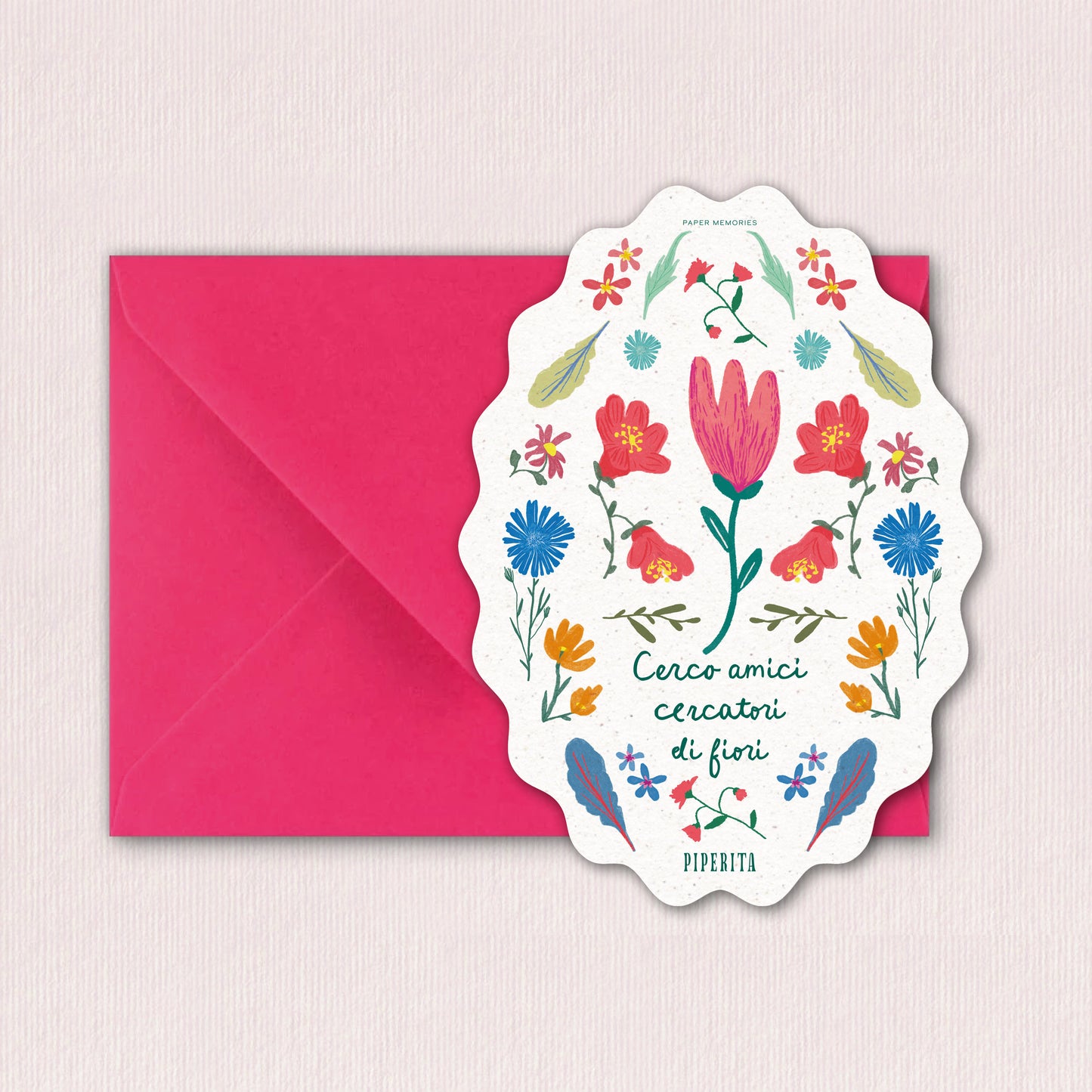Cartolina Fiori di Piperita Paper con busta fuxia rosa, stampa a colori con grafica floreale, perfetta per scrivere i vostri auguri, messaggi o come ricordo.