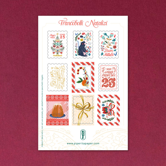 Adesivi di Natale Piperita Paper a forma di francobollo. Set da 9 adesivi perfetti per decorare i tuoi regali di Natale e le buste per le cartoline d'auguri.