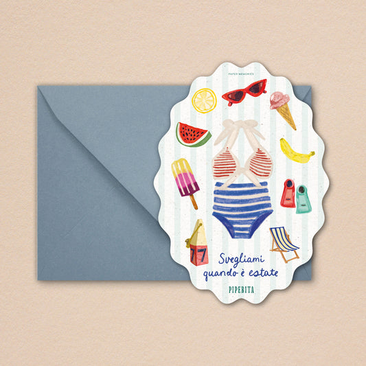 Cartolina Estate di Piperita Paper con busta azzurra, stampa a colori grafica dedicata al mare, perfetta per scrivere i vostri auguri, messaggi o come ricordo.