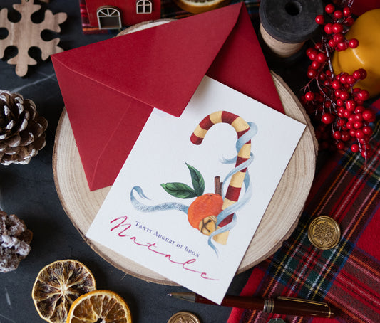 Cartolina Candy Bianco di Piperita Paper con busta rossa, stampa a colori su carta riciclata, perfetta per scrivere i vostri auguri di Natale.