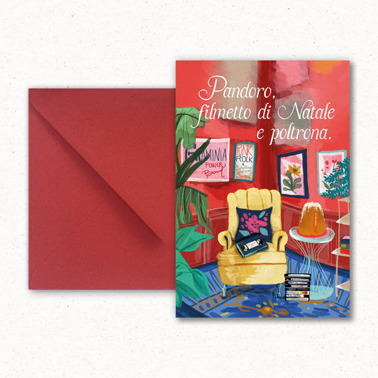 Cartolina Pandoro, Film & Divano di Piperita Paper con busta rosso, stampa a colori su carta riciclata e, perfetta per scrivere i vostri auguri di Natale. 
