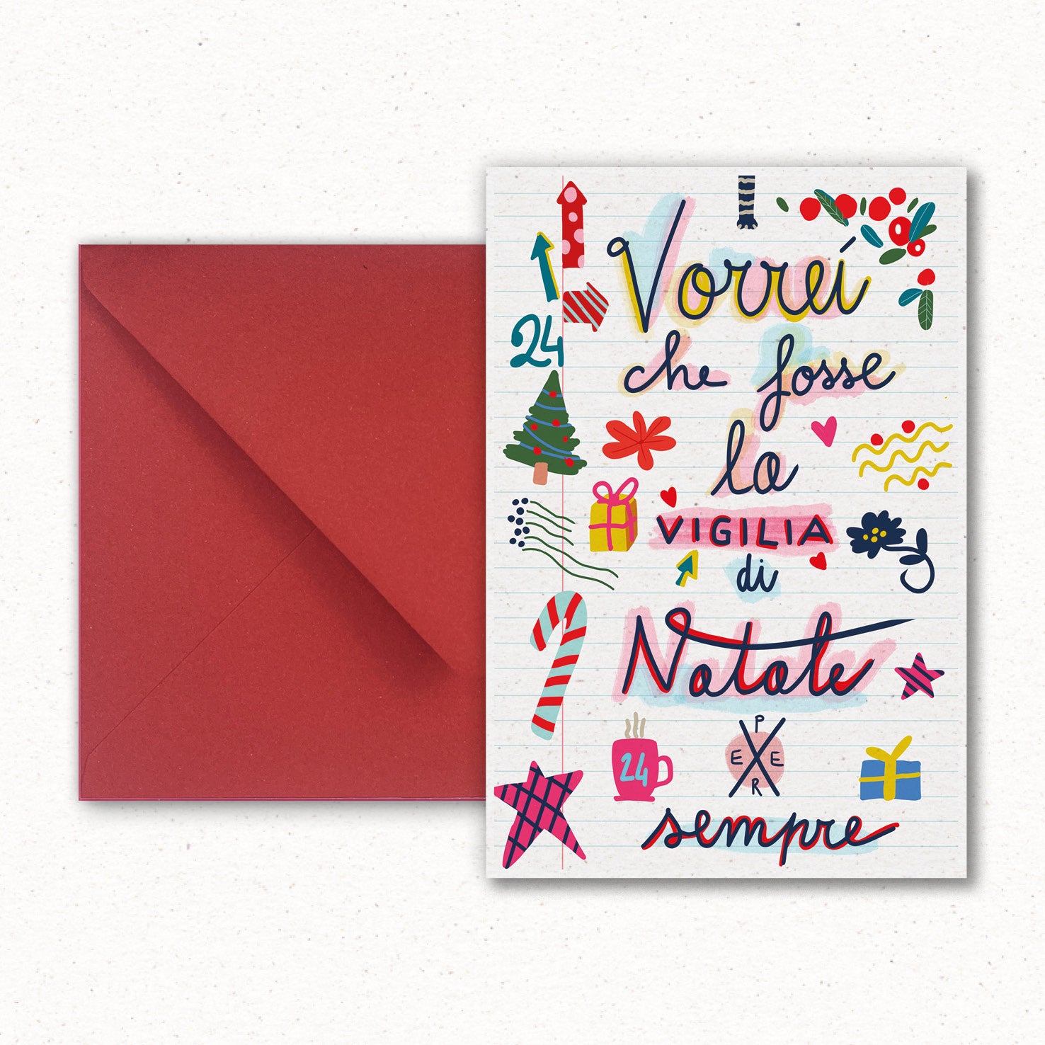 Cartolina Vigilia per sempre di Piperita Paper con busta rossa, stampa a colori su carta riciclata e, perfetta per scrivere i vostri auguri di Natale. 