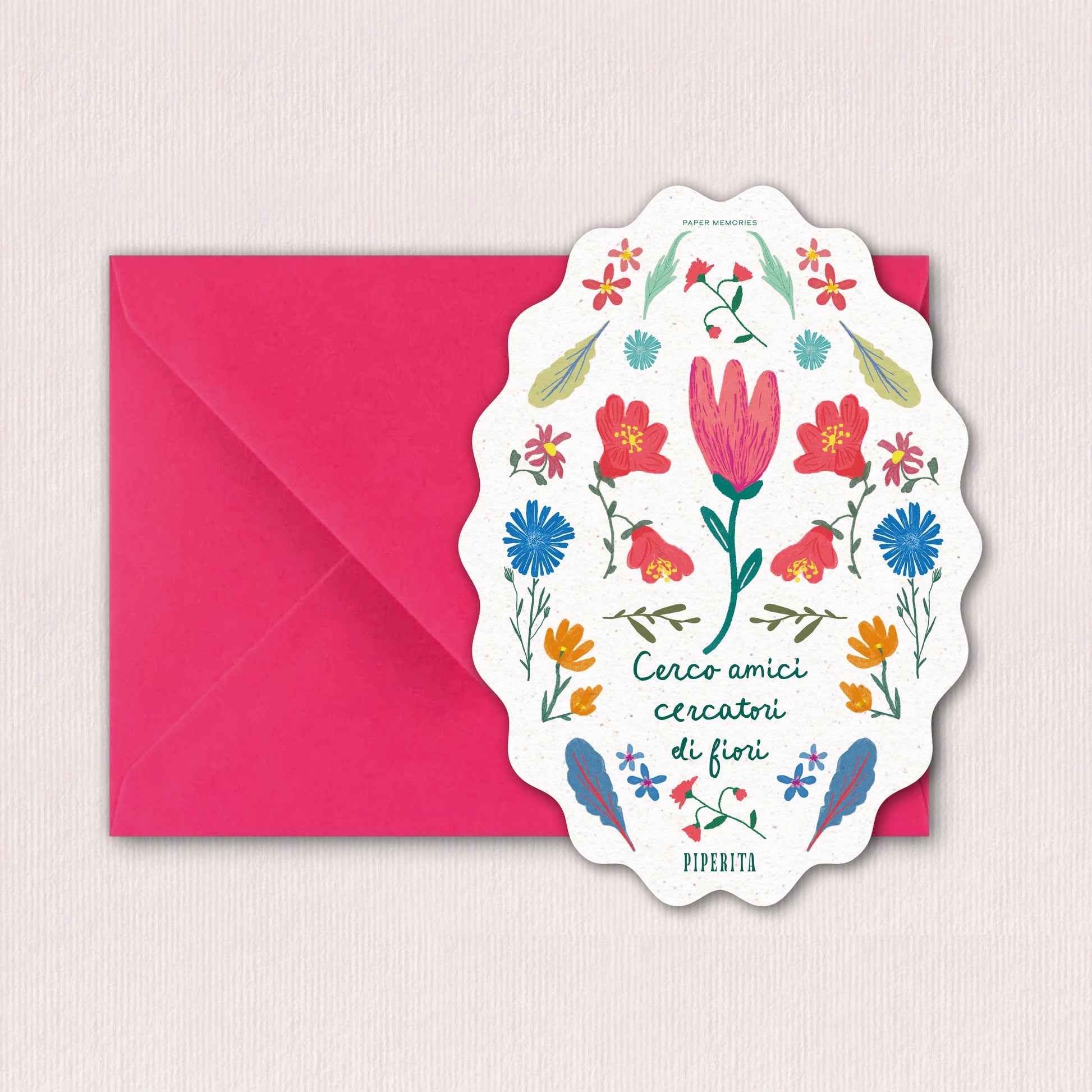 Cartolina Fiori di Piperita Paper con busta fuxia rosa, stampa a colori con grafica floreale, perfetta per scrivere i vostri auguri, messaggi o come ricordo.