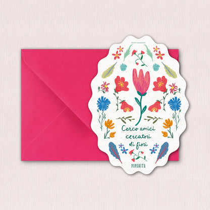 Cartolina Fiori di Piperita Paper con busta fuxia rosa, stampa a colori con grafica floreale, perfetta per scrivere i vostri auguri, messaggi o come ricordo.