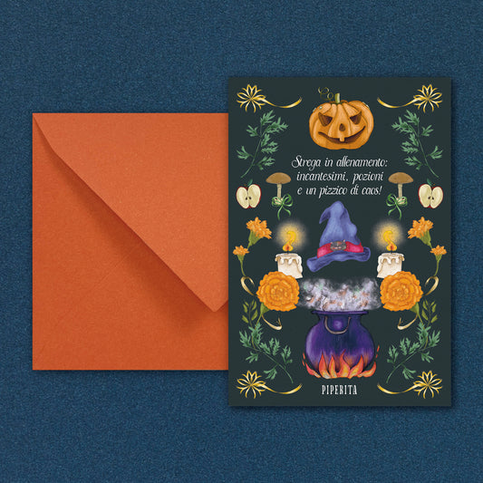 Cartolina Halloween di Piperita Paper con busta arancio, stampa a colori, grafica con zucca perfetta per scrivere i vostri auguri, messaggi o come ricordo.