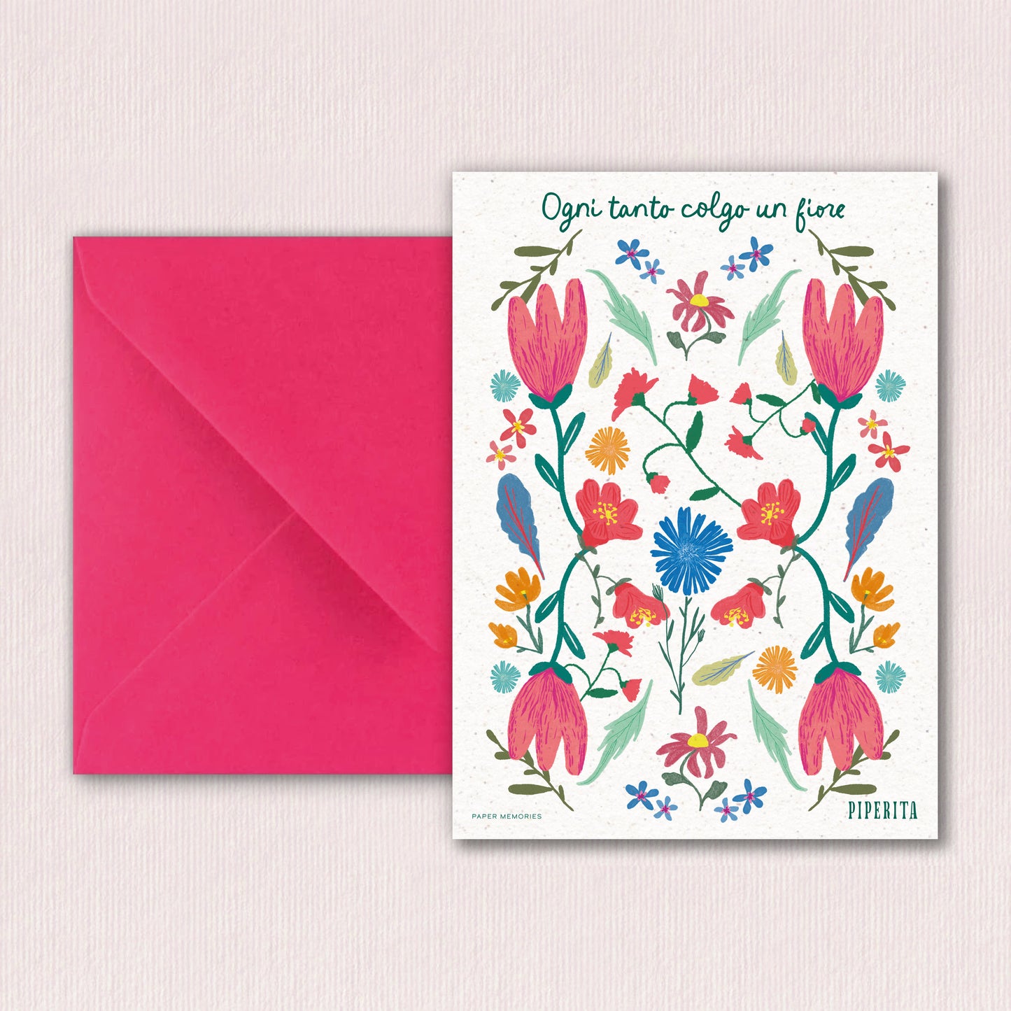 Cartolina Fiori di Piperita Paper con busta fuxia rosa, stampa a colori con grafica floreale, perfetta per scrivere i vostri auguri, messaggi o come ricordo.