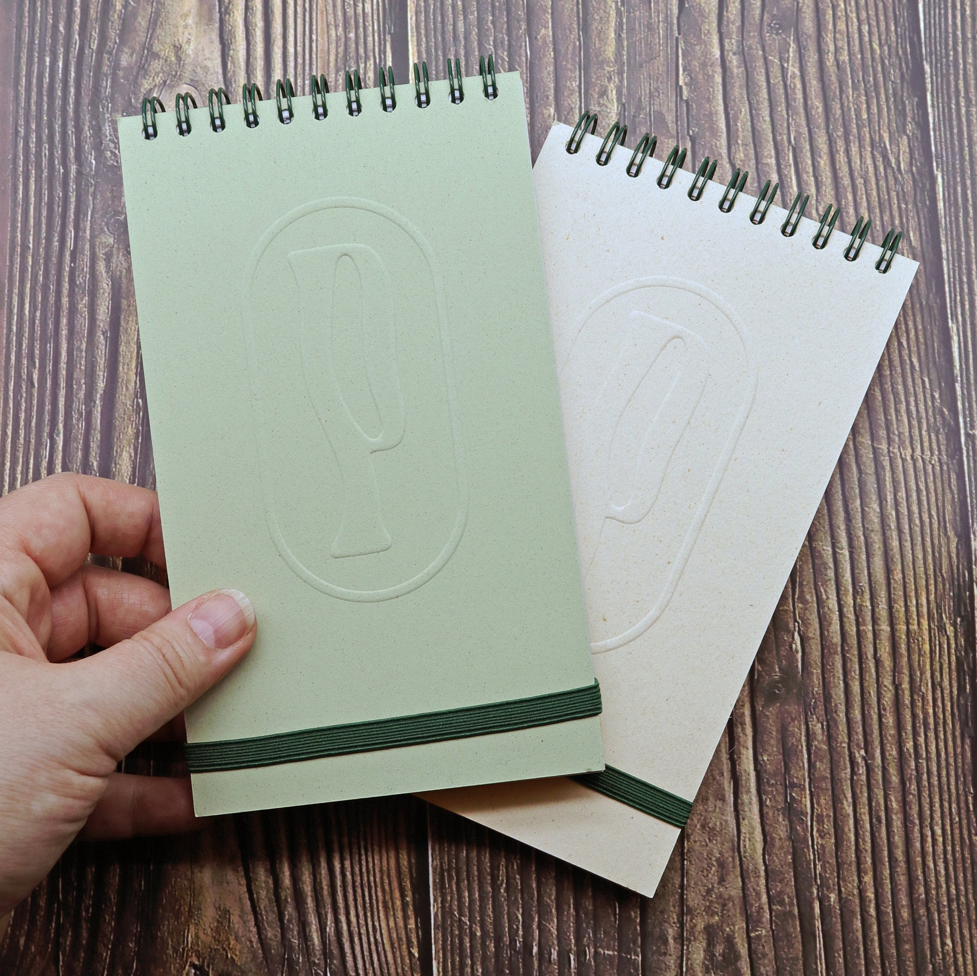 Colombo di Piperita Paper: taccuino tascabile 10x17 cm, pagine bianche, copertina verde e sabbia con rilievo e spirale, perfetto per appunti e idee.