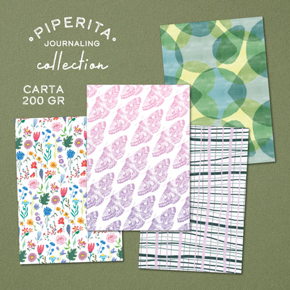 Busta creativa con materiali per journaling e scrapbooking: 10 fogli A4 200 gr, 4 adesivi stampati e 5 cartoncini colorati. Ideale per bullet journal e junk journal.