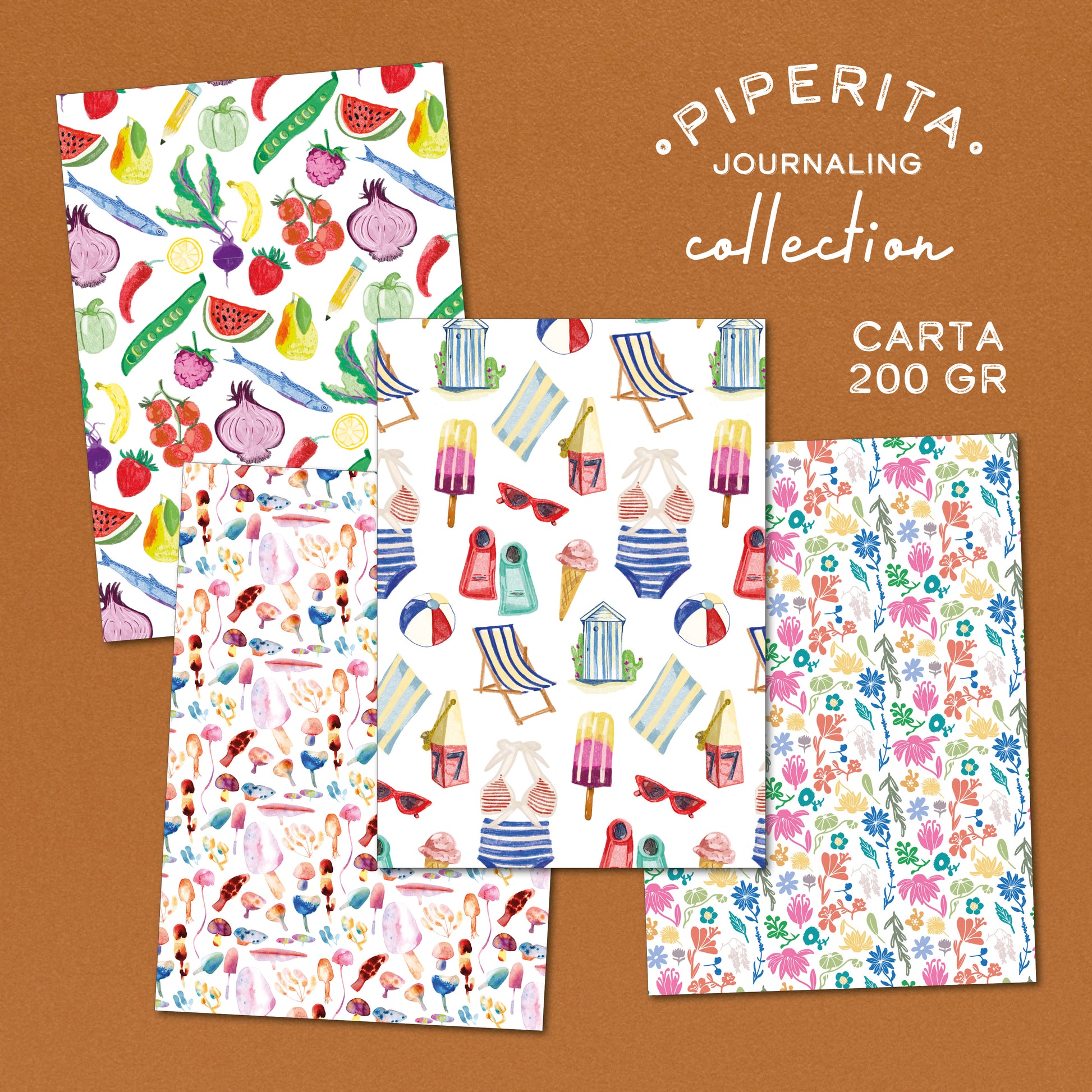 Busta creativa con materiali per journaling e scrapbooking: 10 fogli A4 200 gr, 4 adesivi stampati e 5 cartoncini colorati. Ideale per bullet journal e junk journal.
