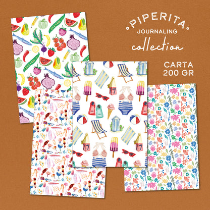 Busta creativa con materiali per journaling e scrapbooking: 10 fogli A4 200 gr, 4 adesivi stampati e 5 cartoncini colorati. Ideale per bullet journal e junk journal.
