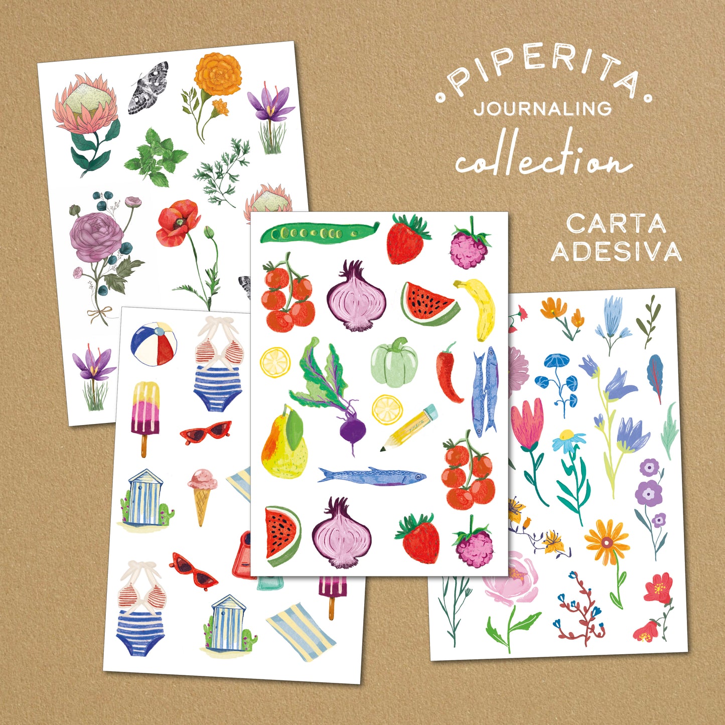 Busta creativa con materiali per journaling e scrapbooking: 10 fogli A4 200 gr, 4 adesivi stampati e 5 cartoncini colorati. Ideale per bullet journal e junk journal.