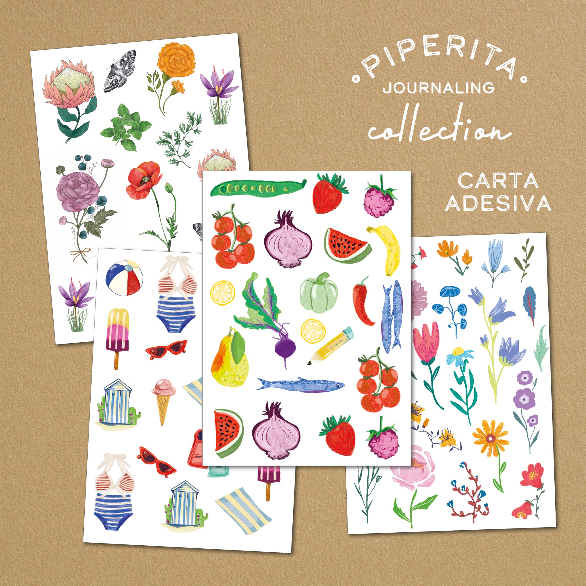 Busta creativa con materiali per journaling e scrapbooking: 10 fogli A4 200 gr, 4 adesivi stampati e 5 cartoncini colorati. Ideale per bullet journal e junk journal.