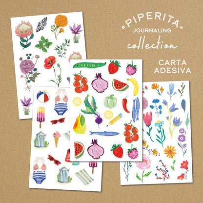 Busta creativa con materiali per journaling e scrapbooking: 10 fogli A4 200 gr, 4 adesivi stampati e 5 cartoncini colorati. Ideale per bullet journal e junk journal.