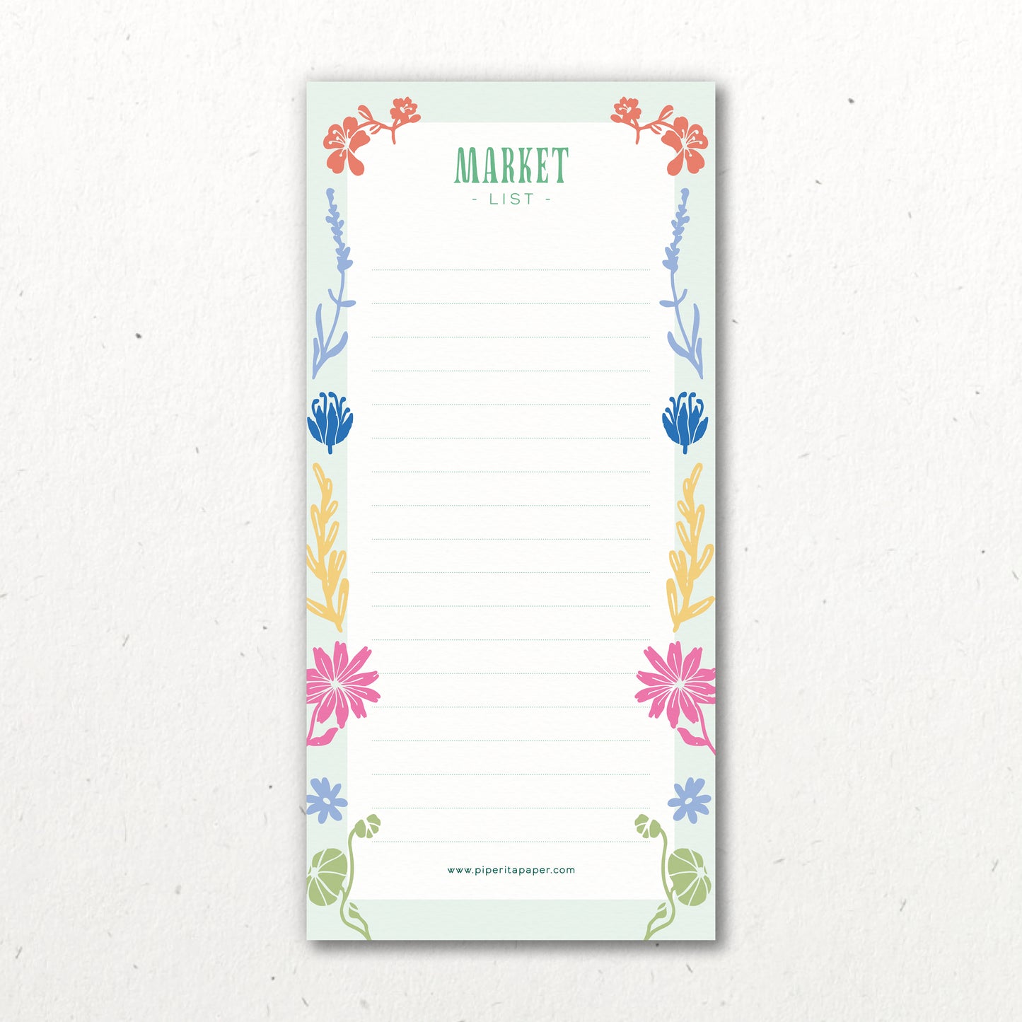 Market List di Piperita Paper, blocco da 50 pagine con magnete sul retro, ideale per organizzare la vostra spesa con stile, tra fiori, frutta e verdura.
