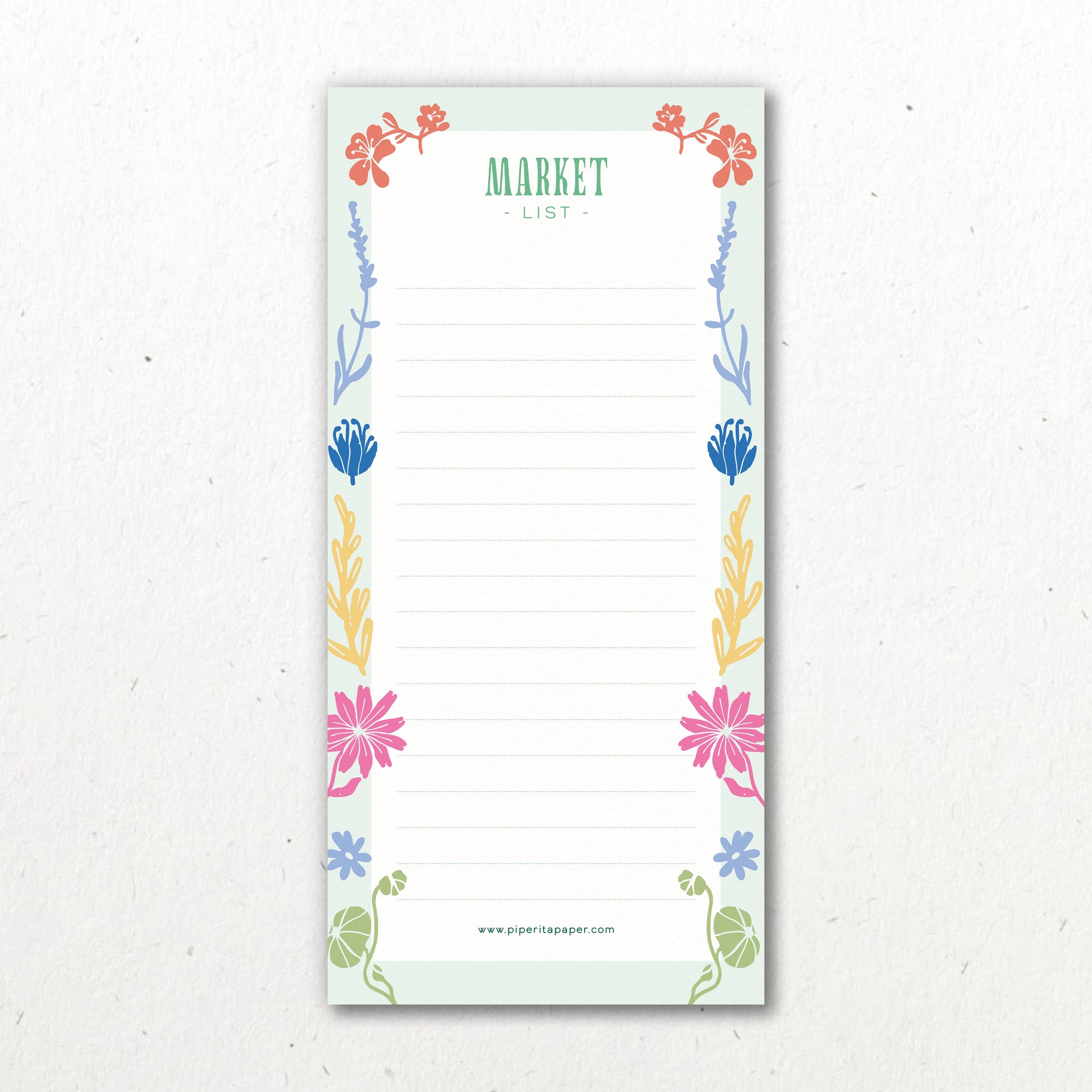 Market List di Piperita Paper, blocco da 50 pagine con magnete sul retro, ideale per organizzare la vostra spesa con stile, tra fiori, frutta e verdura.