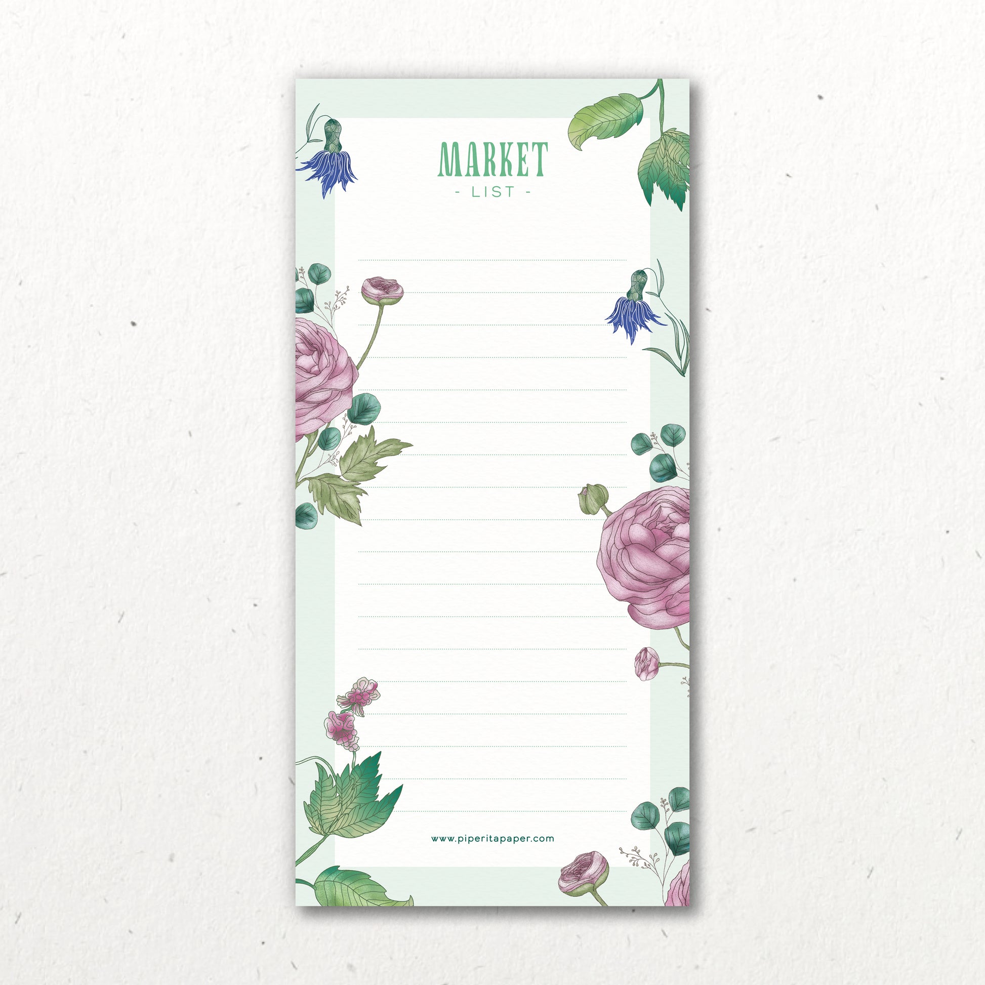 Market List di Piperita Paper, blocco da 50 pagine con magnete sul retro, ideale per organizzare la vostra spesa con stile, tra fiori, frutta e verdura.