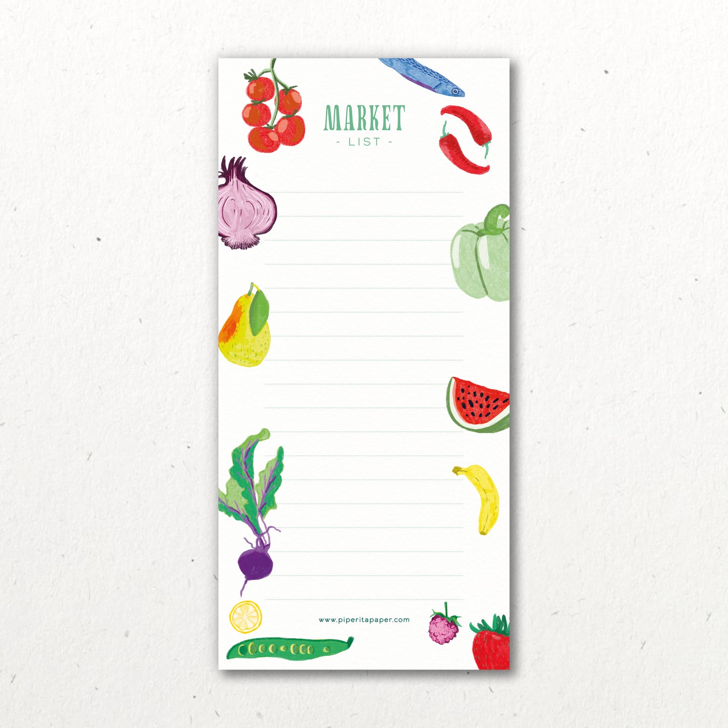 Market List di Piperita Paper, blocco da 50 pagine con magnete sul retro, ideale per organizzare la vostra spesa con stile, tra fiori, frutta e verdura.