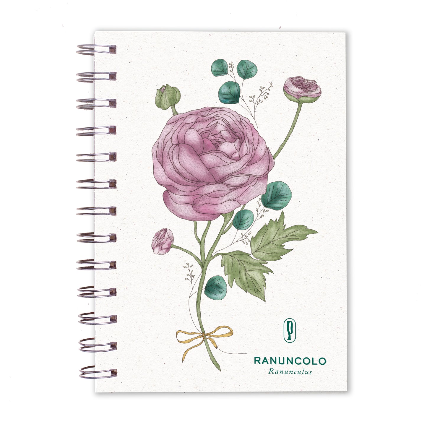 Notebook A5 con spirale Rosemary Ranuncolo di Piperita Paper: design botanico floreale, materiali sostenibili. Perfetto per scrivere, disegnare, progettare e ispirarsi. Un regalo artigianale unico per chi ama creare. Disponibile con pagine bianche e a quadretti questo quaderno si adatta a ogni esigenza creativa.