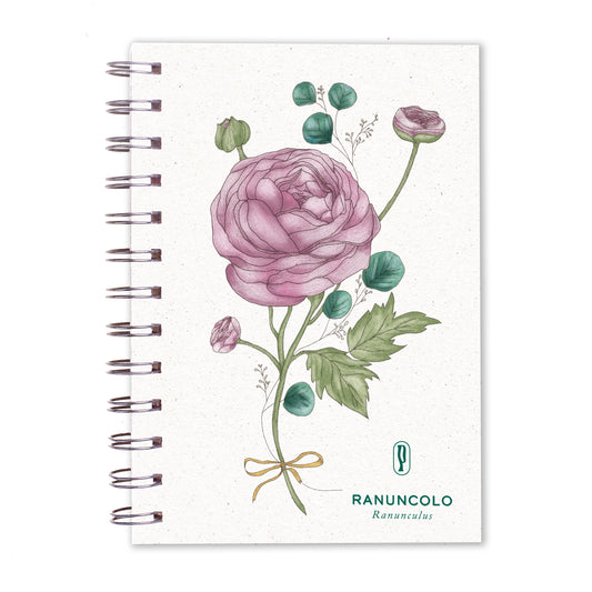 Notebook A5 con spirale Rosemary Ranuncolo di Piperita Paper: design botanico floreale, materiali sostenibili. Perfetto per scrivere, disegnare, progettare e ispirarsi. Un regalo artigianale unico per chi ama creare. Disponibile con pagine bianche e a quadretti questo quaderno si adatta a ogni esigenza creativa.