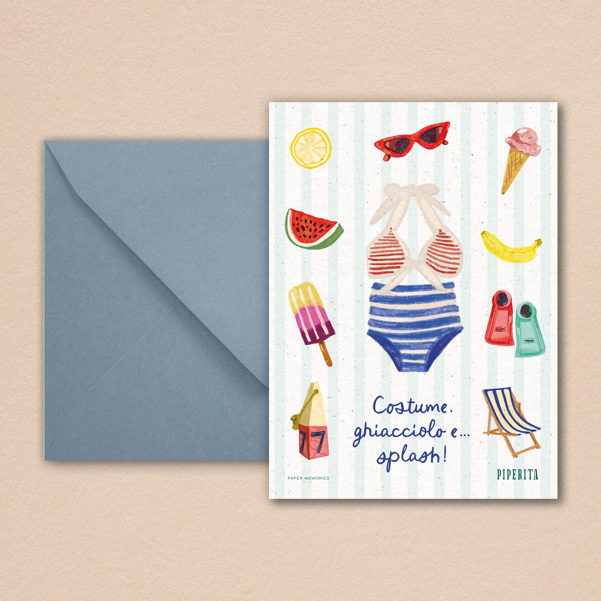 Cartolina Estate di Piperita Paper con busta azzurra, stampa a colori grafica dedicata al mare, perfetta per scrivere i vostri auguri, messaggi o come ricordo.