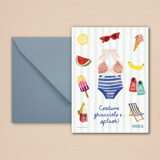 Cartolina Estate di Piperita Paper con busta azzurra, stampa a colori grafica dedicata al mare, perfetta per scrivere i vostri auguri, messaggi o come ricordo.