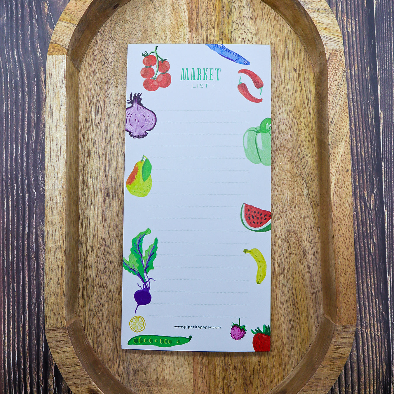 Market List di Piperita Paper, blocco da 50 pagine con magnete sul retro, ideale per organizzare la vostra spesa con stile, tra fiori, frutta e verdura.
