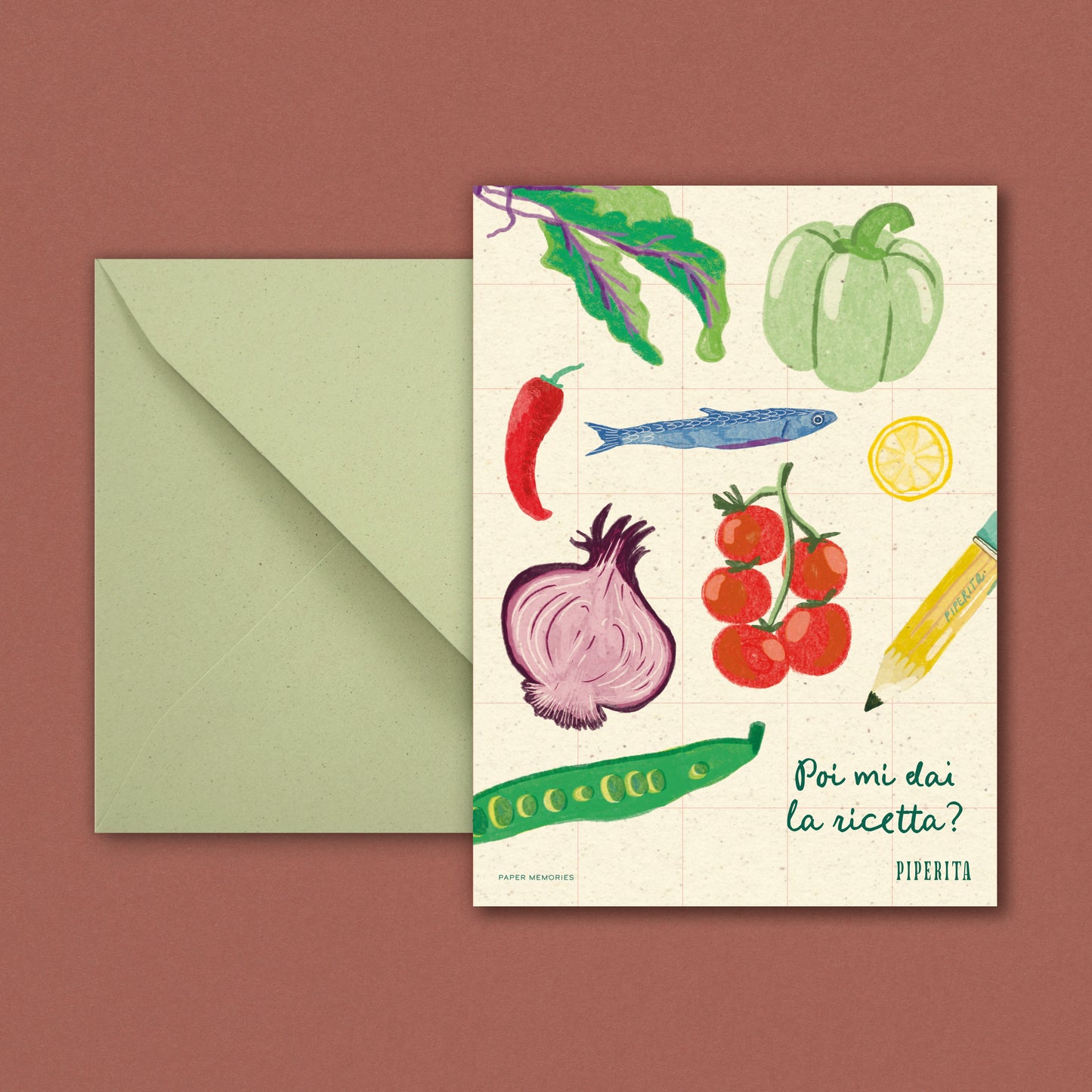 Cartolina di Piperita Paper con busta verde, stampa a colori grafica con frutta e verdura, perfetta per scrivere i vostri auguri, messaggi o come ricordo.