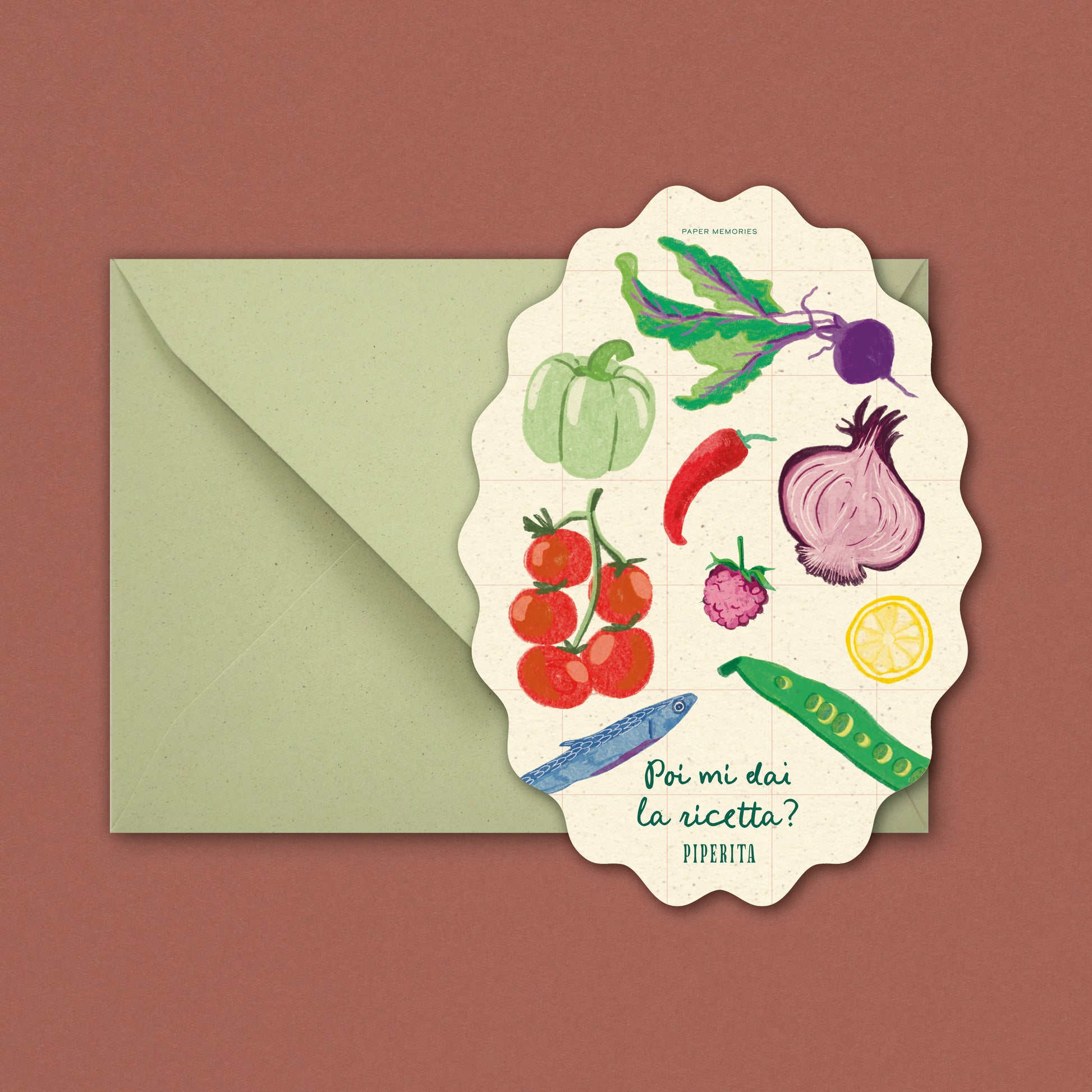 Cartolina di Piperita Paper con busta verde, stampa a colori grafica con frutta e verdura, perfetta per scrivere i vostri auguri, messaggi o come ricordo.